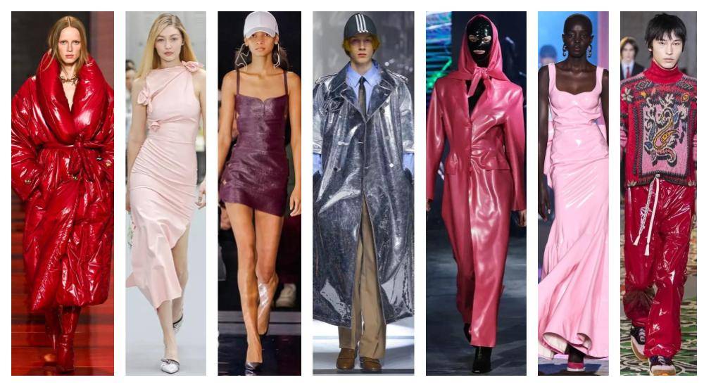 From right to left: the latex and vinyl looks from Versace, Coperni, Courrèges, Gucci, Avellano, GCDS and Etro.