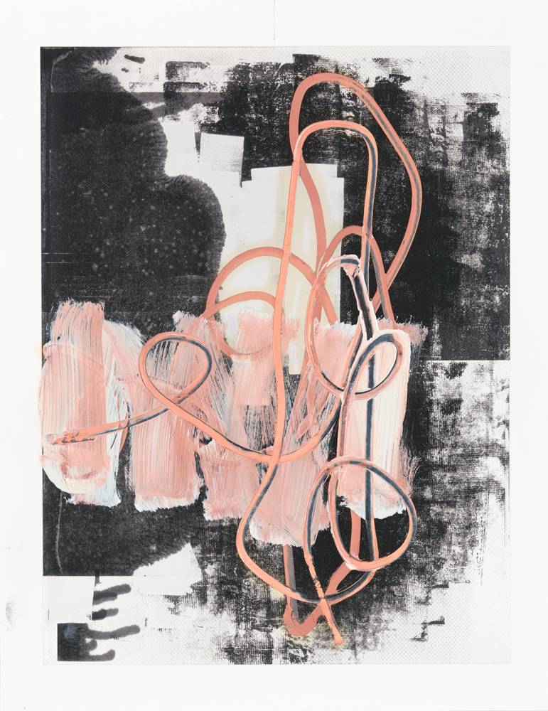 “Untitled” (2020). Huile et jets d’encre sur papier, 55,9 x 43,2 cm. Courtesy of the Artist and Xavier Hufkens, Brussels. 
