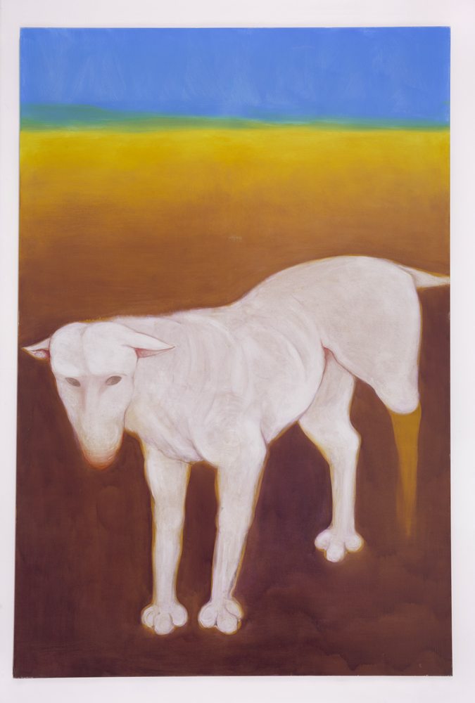 Miriam Cahn, “denkender hund, 8.4.+14.5.21” (2021). Oil on canvas, 300 x 200 cm. Courtesy of the artist and galeries Jocelyn Wolff and Meyer Riegger, photo : François Doury.