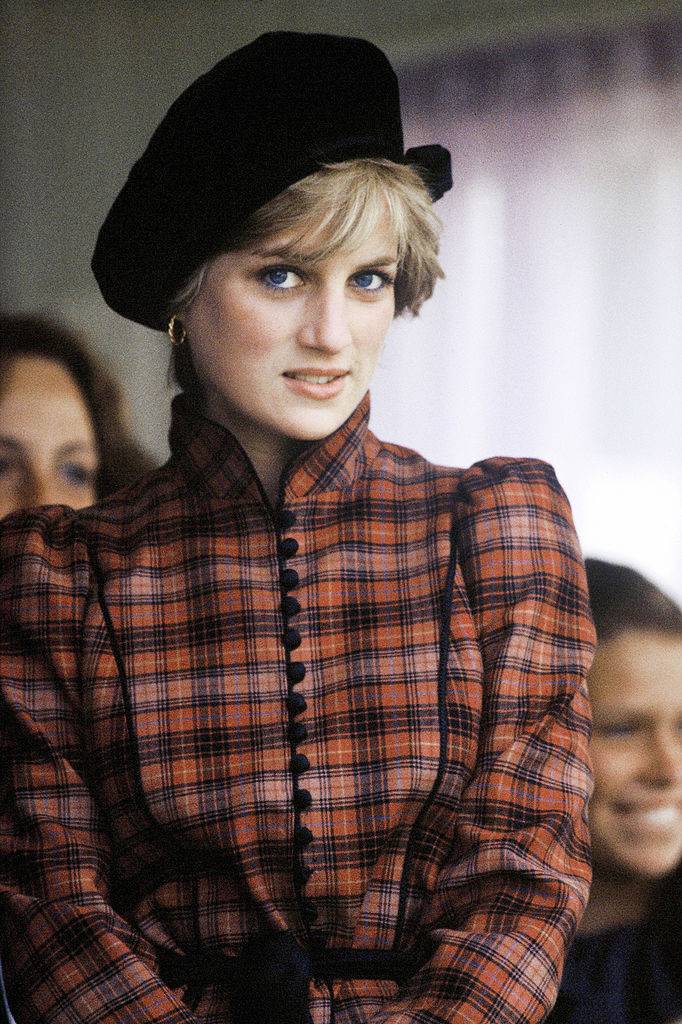 Lady Diana wearing a beret signed Jones in 1982 in Braemar, Scotland. Photo by Anwar Hussein/WireImage
