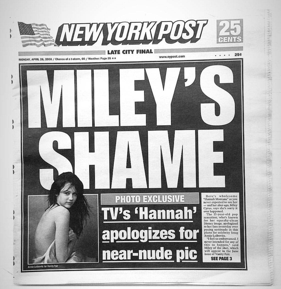 A screenshot of Miley Cyrus' post on her Twitter account from the front page of the newspaper "New York Post"