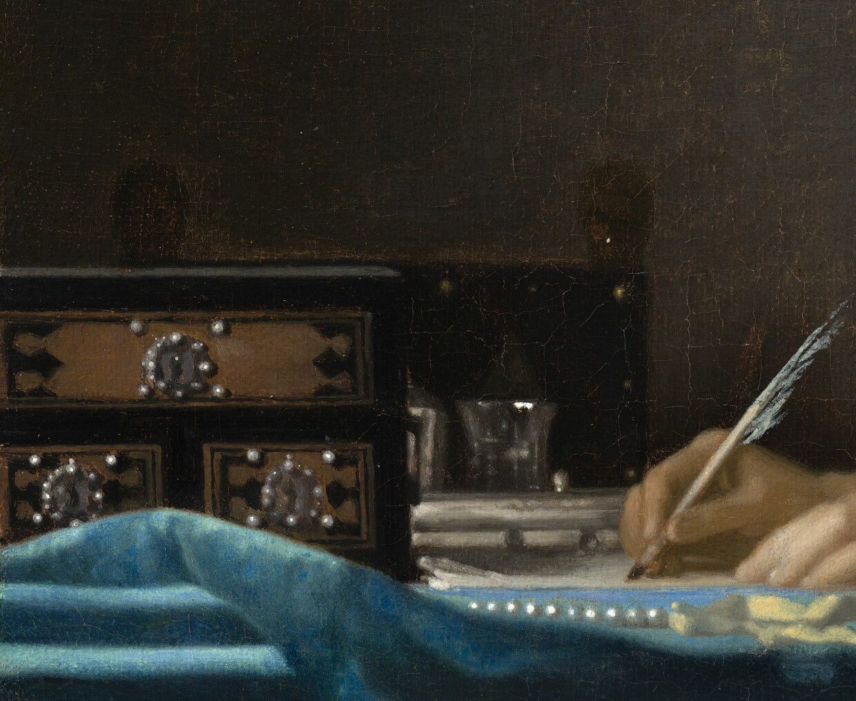 Détail de "Jeune fille écrivant une lettre", Johannes Vermeer, 1664-67. National Gallery of Art, Washington. Gift of Harry Waldron Havemeyer and Horace Havemeyer Jr., in memory of their father, Horace Havemeyer