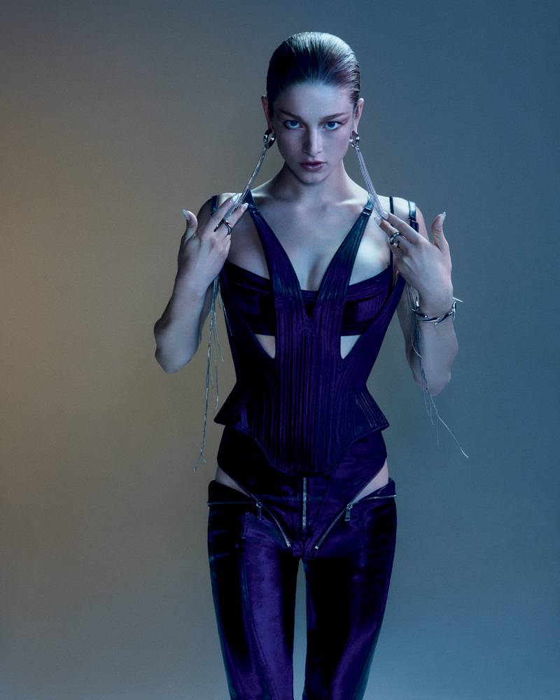 Corset, bra, pants and jewelry, MUGLER by CASEY CADWALLADER.