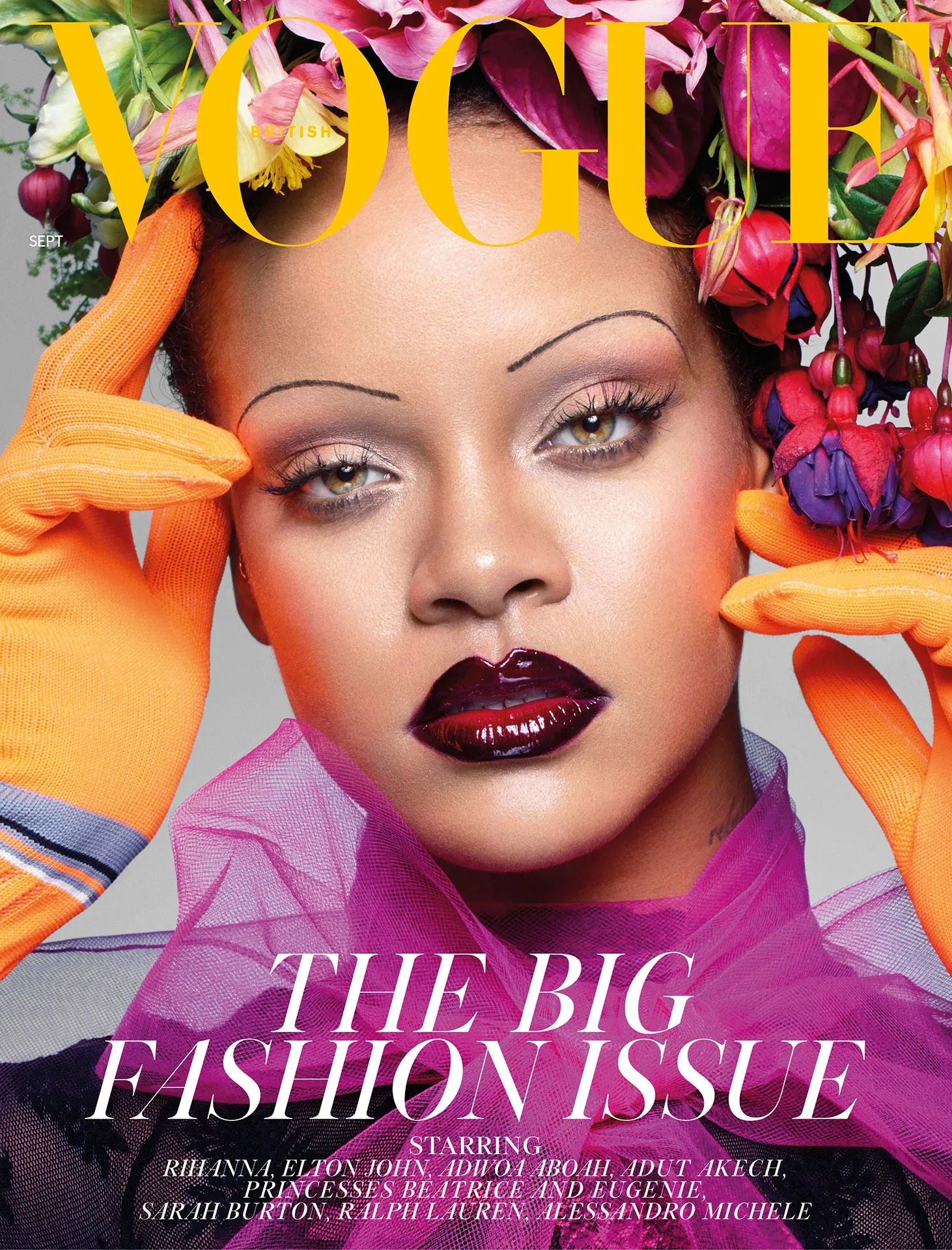 Rihanna maquillée par Isamaya Ffrench et photographiée par Nick Knight pour la couvertrure du British Vogue en 2018.