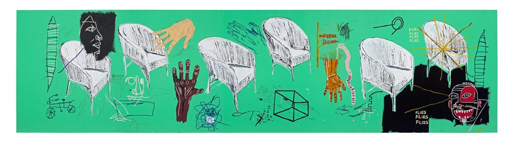 Jean-Michel Basquiat, Andy Warhol Chair, 1985 Acrylique sur toile / Acrylic on canvas 203 × 805.5 cm Collection Bischofberger, Männedorf-Zurich, Suisse / Bischofberger Collection, Männedorf-Zurich Légende juridique : Jean-Michel Basquiat, Andy Warhol, “Chair” (1985). © Estate of Jean-Michel Basquiat Licensed by Artestar, New York;© The Andy Warhol Foundation for the Visual Arts, Inc. / Licensed by ADAGP, Paris 2023.