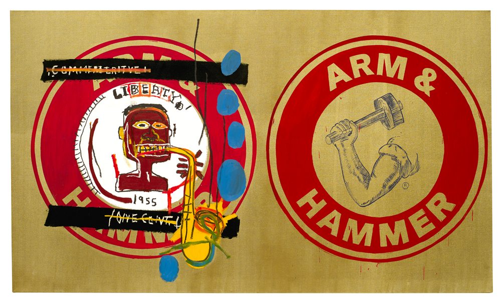 Jean-Michel Basquiat, Andy Warhol, "Arm and Hammer II" (1985). Crédit artiste : © Estate of Jean-Michel Basquiat Licensed by Artestar, New York;© The Andy Warhol Foundation for the Visual Arts, Inc. / Licensed by ADAGP, Paris 2023. Crédit photographique : Courtesy Galerie Bruno Bischofberger, Männedorf-Zurich.