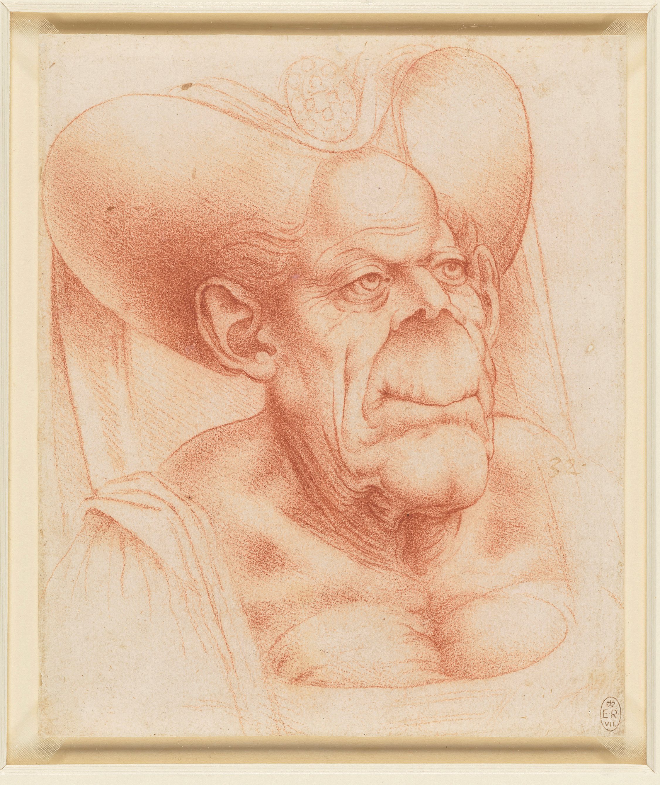 D'après Léonard de Vinci, attribué à Francesco Melzi, "Vieille femme grotesque", vers 1510-20. Prêt par sa Majesté royale le roi Charles III, Royal Collection Trust / © His Majesty King Charles III 2023