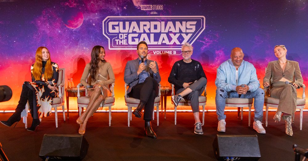 The Guardians of the Galaxy 3 cast at the Guardians of the Galaxy Volume 3 press conference at the Bristol in Paris on April 23, 2023. Photo by StillMoving.Net for Disney.