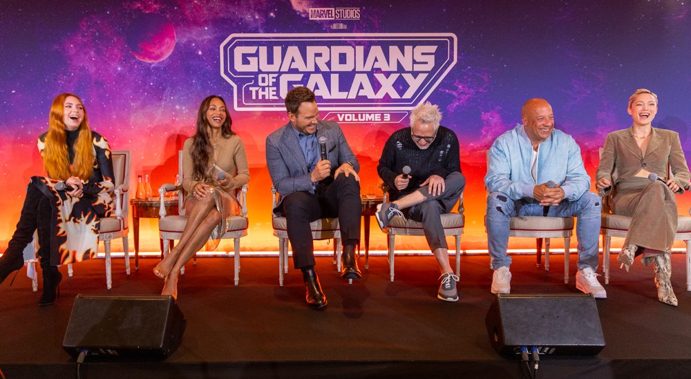 Les acteurs des Gardiens de la Galaxie 3 à la conférence de presse du film Les Gardiens de la Galaxie Volume 3 au Bristol, à Paris, le 23 avril 2023. Photo par StillMoving.Net pour Disney.