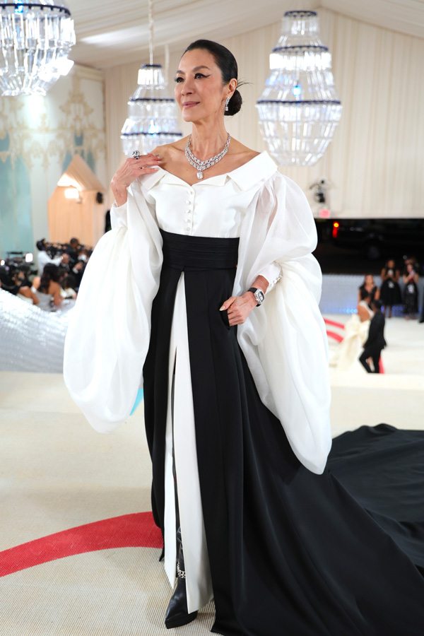 Michelle Yeoh in Karl Lagerfeld dress and Cartier jewelry
