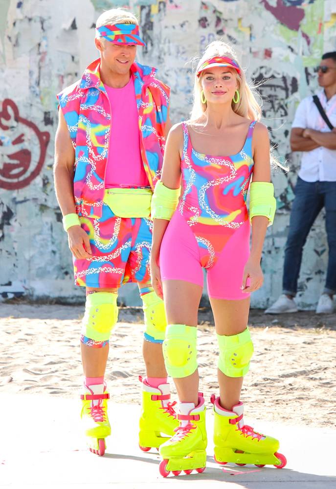 Margot Robbie and Ryan Gosling on the Barbie shoot on June 28, 2022 in Los Angeles, California. Photo by MEGA/GC Images via Getty Images