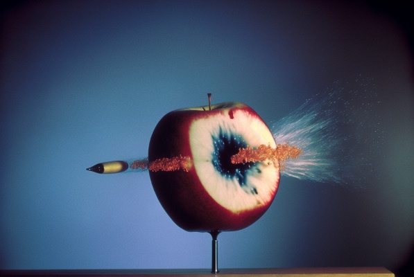 Étude d'après Harold Edgerton, Bullet Piercing an Apple (1964). Courtesy of Brodbeck & de Barbuat / Galerie Papillon.