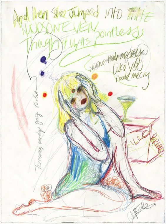 ‘I’m dead’, 2011 maker, colored pencil, graphite on paper 30 x 22 1/4 © Coutney Love/Fred Torres collaborations, New York.