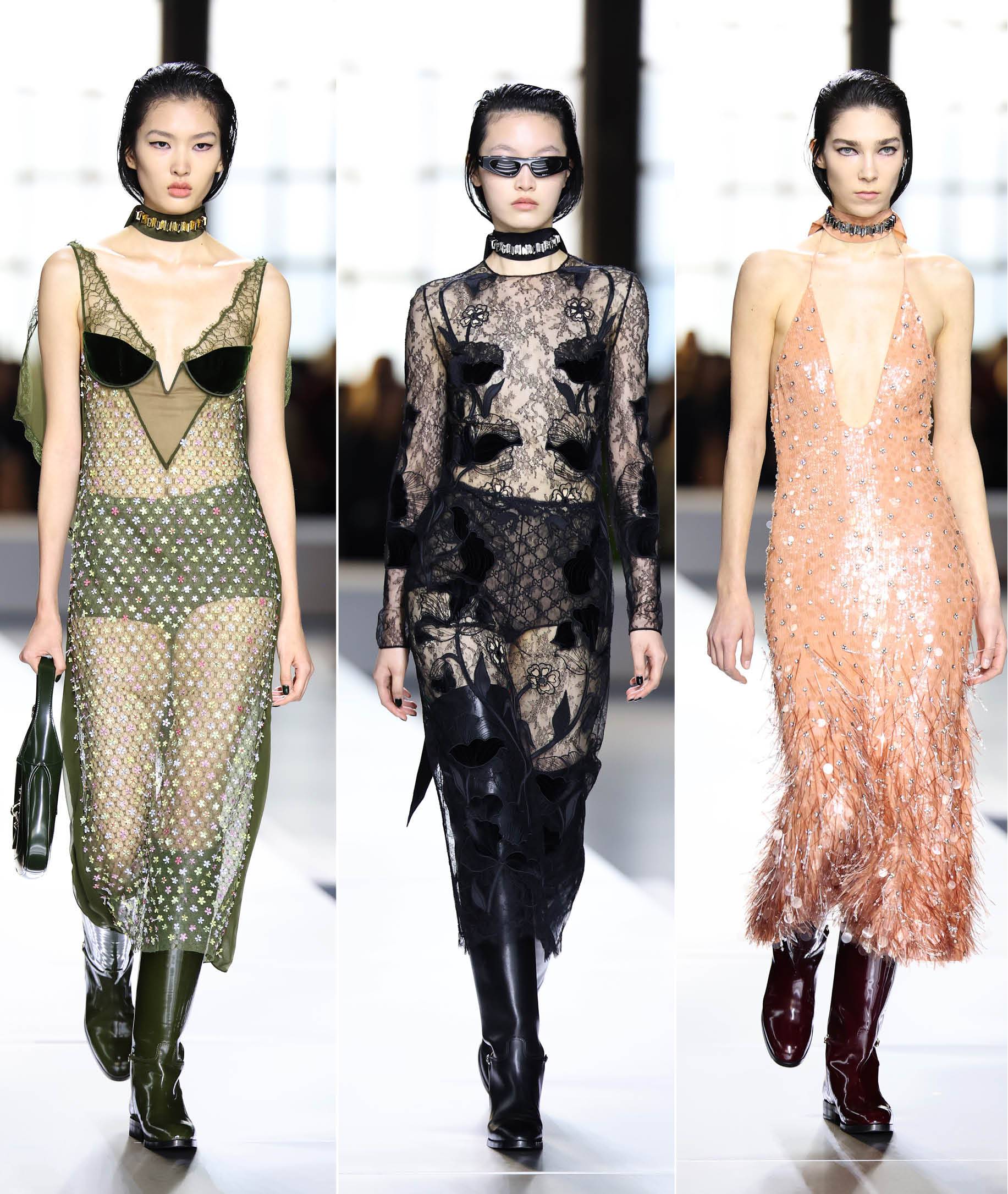 La tendance repérée au défilé Gucci : la robe de soirée avec des bottes équestres