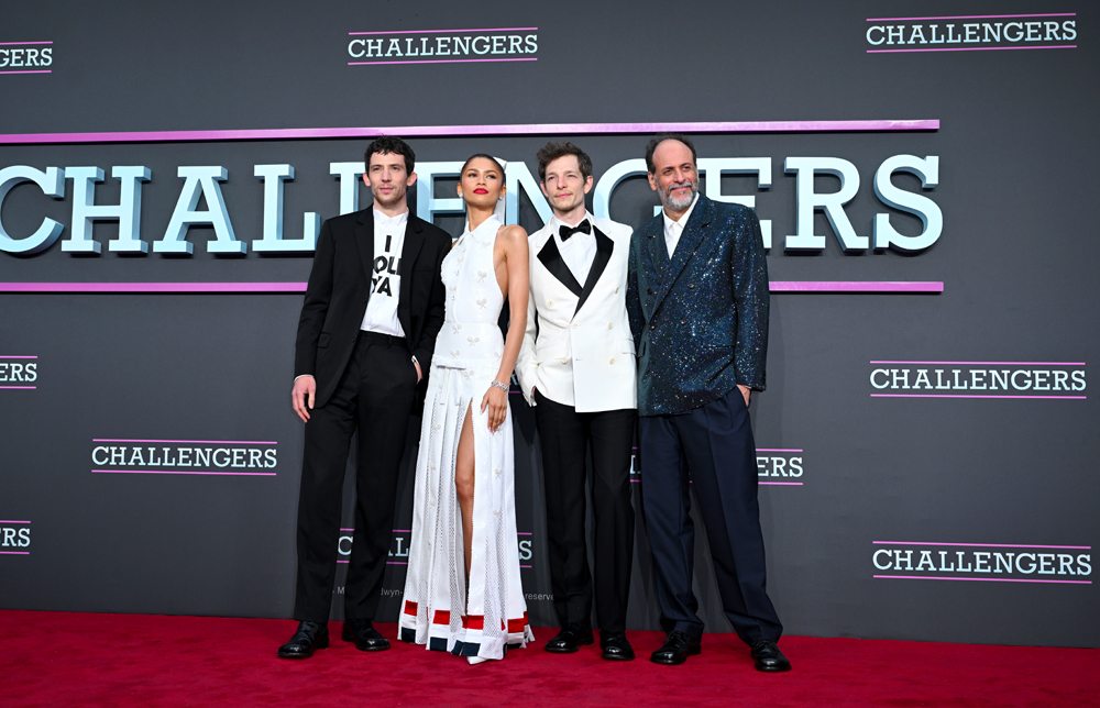 Luca Guadagnino et le casting de Challengers (Josh O'Connor, Zendaya, Mike Faist) et Luca Guadagnino lors de la tournée promo du film en avril 2024 © Warner Bros.