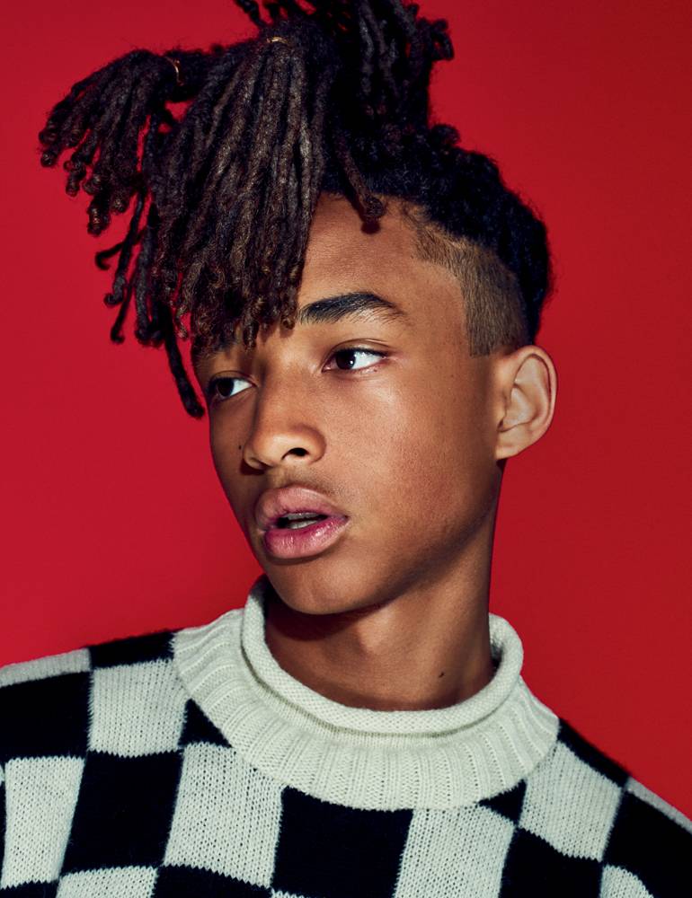 Jaden Smith photographed by Nathaniel Goldberg. Sweater in cashmere and wool, LOUIS VUITTON. “Love” rings in yellow gold, CARTIER.