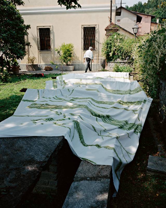 Un grand drap blanc se déploie dans le jardin, sur une table en pierre irrégulière longue de dix mètres. L'artiste sélectionne quelques branches et feuilles pour les frotter vigoureusement. Les traces verdoyantes fécondent le tissu.
