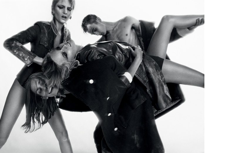 Carly Moore, Harleth Kuusik, Lina Hoss, Andrew Sherman and Riley Cole by Greg Kadel.
Her : jacket, THE KOOPLES. Earring, NEW YORK VINTAGE. Her (elongated) : leather coat , ZADIG & VOLTAIRE. Panty, INTIMISSIMI. Them : jacket, THE KOOPLES.