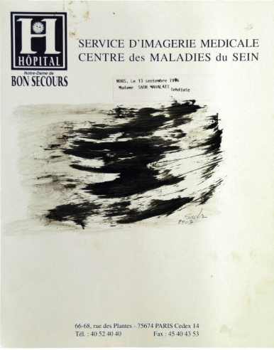 Dessin à l’encre sur un dossier de radiographie ayant appartenu à Behjat Sadr, vers 2007. Collection Mitra Hananeh-Goberville, Paris