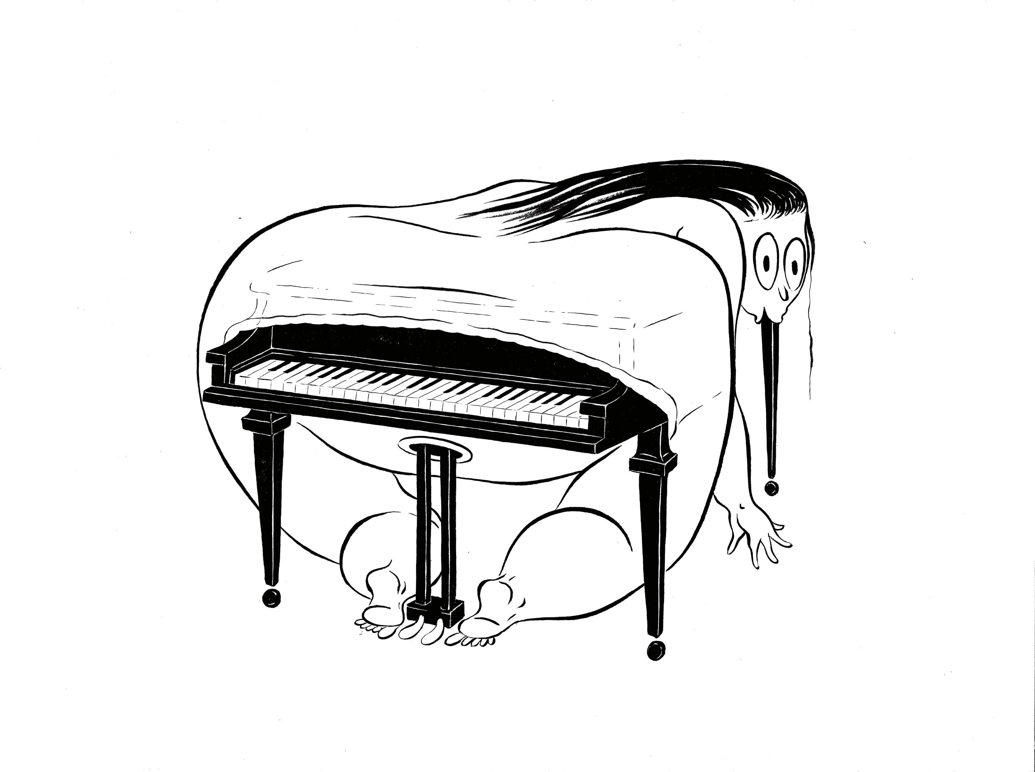 Fatebe Pianist (2017), d’Ebecho Muslimova, dessin à l’encre sur papier, 47,31 x 39,69 cm.