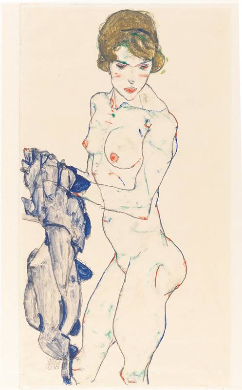 “Nu féminin debout avec tissu bleu” (1914) d’Egon Schiele. Gouache, aquarelle et mine de plomb sur papier vélin, 48,3 × 32,2 cm.
Germanisches Nationalmuseum, Nuremberg