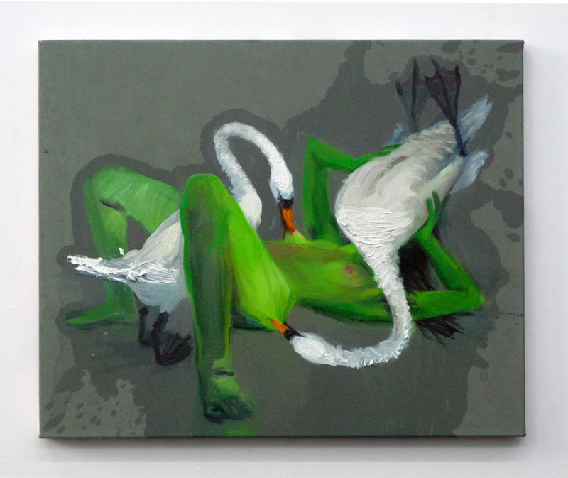 Nina Childress, “Sex mit Schwan 2” (2009). 49,5 x 60, 5 cm. Huile sur toile. Collection Martine de la Codre © Aurélien Mole / ©ADAGP, Paris, 2020