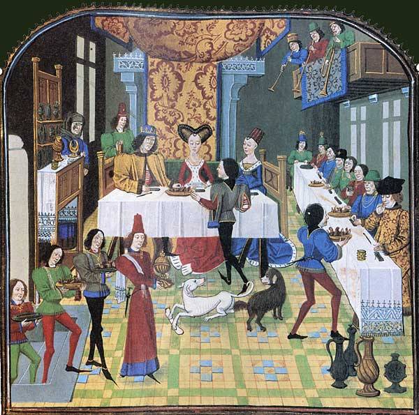 Enluminure du XVe siècle d'un manuscrit de la Chanson des quatre fils Aymon représentant un banquet.