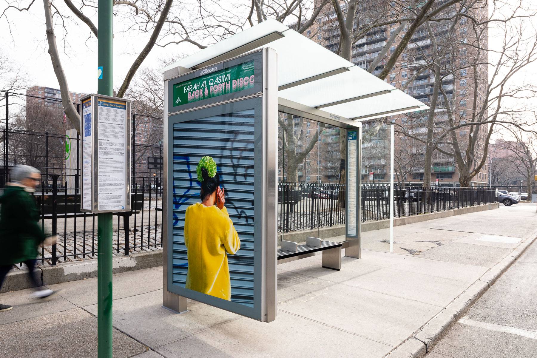 Farah Al Qasimi, “Woman on Phone” (2019). Photo: James Ewing, Courtesy of Public Art Fund, NY.  Photographic work as a part of Back and Forth Disco, presented by Public Art Fund on 100 JCDecaux bus shelters citywide, January 29 – May 17, 2020
