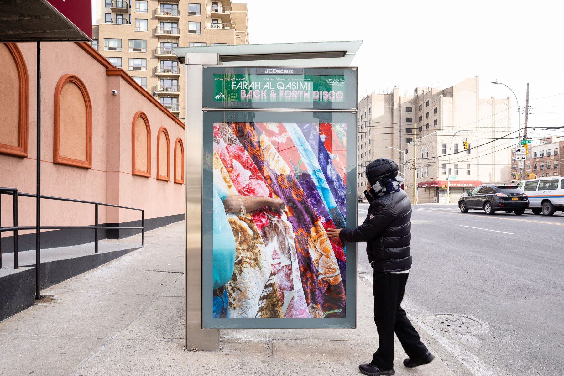 Farah Al Qasimi, “Blanket Shop” (2019). Photo: James Ewing, Courtesy of Public Art Fund, NY.  Photographic work as a part of Back and Forth Disco, presented by Public Art Fund on 100 JCDecaux bus shelters citywide, January 29 – May 17, 2020