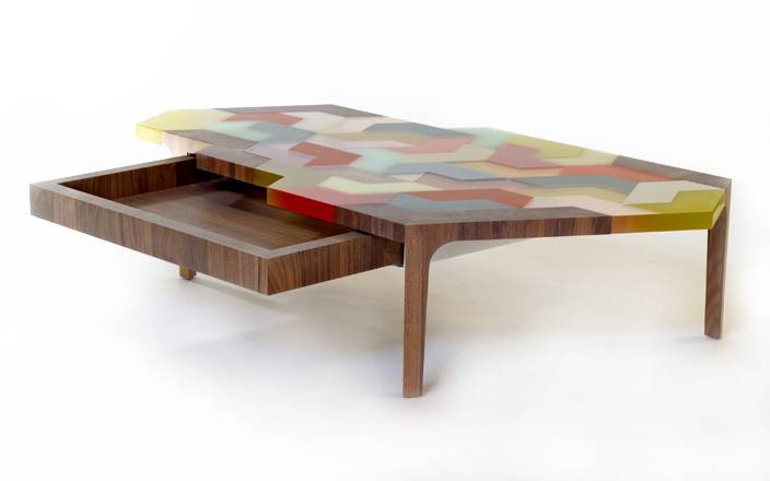 Swatch Coffee Table  2008  Hella Jongerius, Galerie kreo, Structure and drawer in American walnut wood marquetry. Table top made of multicoloured resin blocks with different finishings (mat and glossy) - Height: 13,8 inches (35 cm) - Max. length: 63,8 inches (162 cm) - Max. depth: 33,5 inches (85 cm). - Height: 2,1 inches (5,5 cm) - Length: 29,9 inches (76 cm) - Depth: 18,1 inches (46 cm)


