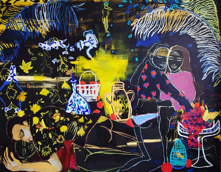 Alice Grenier Nebout, “l'heure du thé”, fusain, pastel gras et acrylique sur toile, 114x146 cm, collection particulière