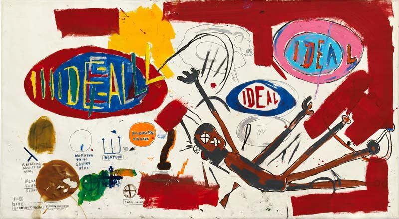 JEAN-MICHEL BASQUIAT, Victor 25448, acrylic, oilstick, wax and crayon on paper laid on canvas, 72 x 131 in. Executed in 1987. Estimate: $8,000,000 - 12,000,000.