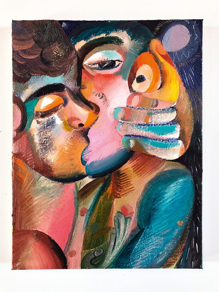 “Kiss and grey moon” (2018), de Louis Fratino. Huile et crayon sur toile, 31 × 23 cm.