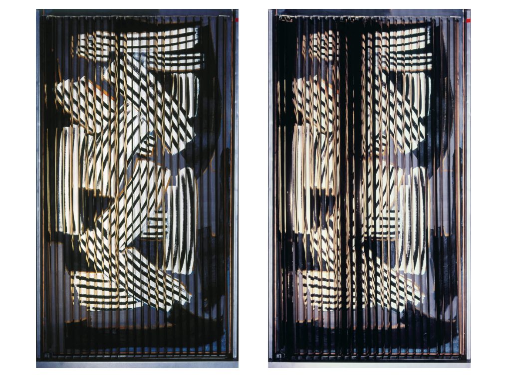 Sans titre, 1967 - Huile et papier aluminium sur store vénitien superposé sur huile sur bois, 170 × 90 cm. Collection Mitra Hananeh-Goberville, Paris.
