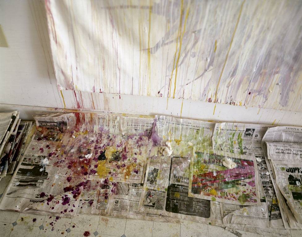“UNTITLED” (DRIPS AND NEWSPAPER), REMEMBERED LIGHT SERIES (1999). INKJET PRINT. FRIENDS WITH CY TWOMBLY, SALLY MANN HAS TAKEN PICTURES OF HIS STUDIO AND WORKS IN PROGRESS.