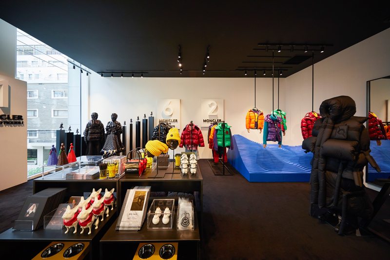 The House of Genius in Tokyo, Moncler’s new concept store. Back left 6- Moncler Noir Kei Ninomiya, back right 2- Moncler 1952, front right 5- Moncler Craig Green