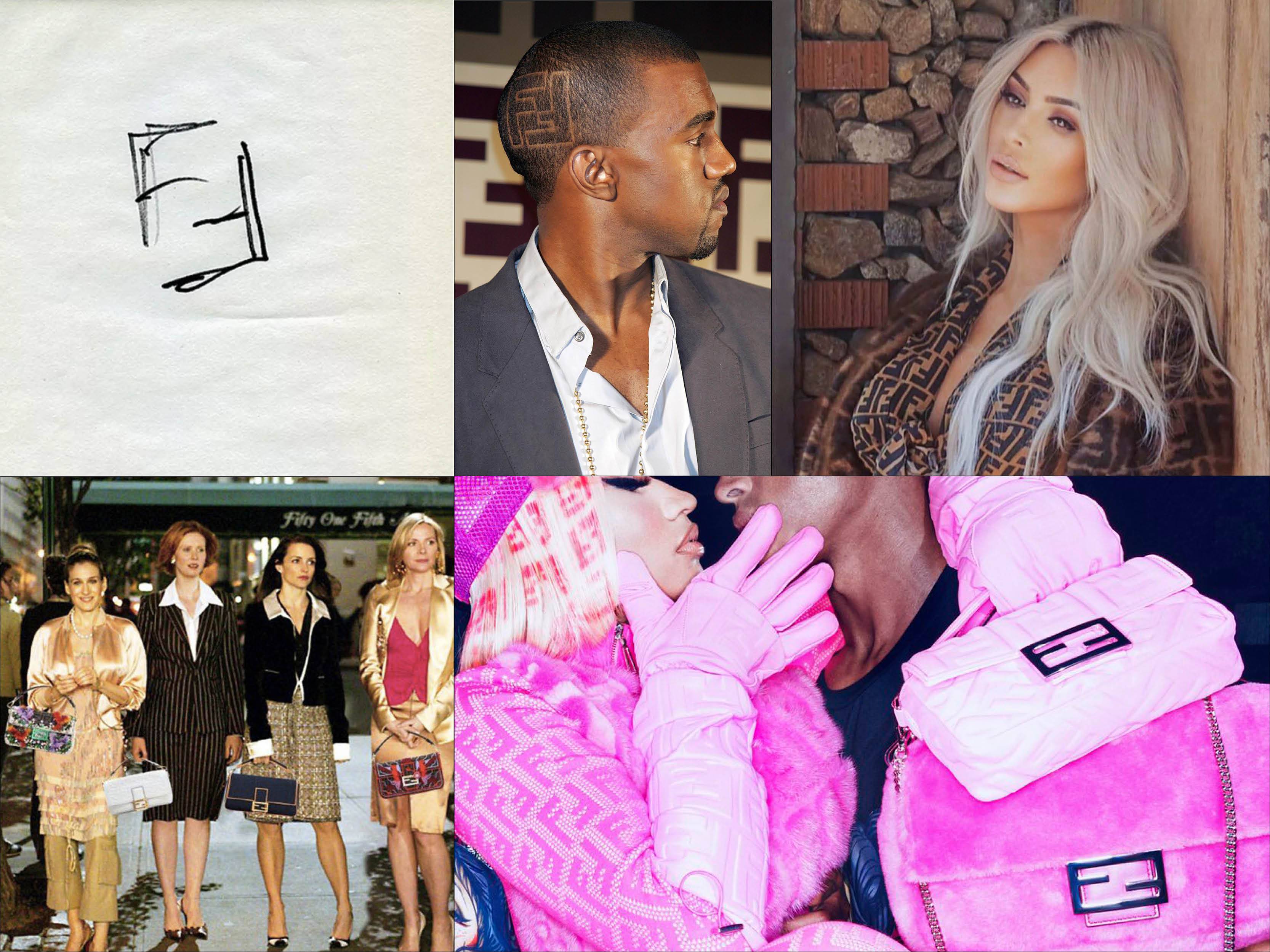 De gauche à droite et de haut en bas : le monogramme Fendi dessiné par Karl Lagerfeld, Kanye West avec un logo dans les cheveux, Kim Kardashian en total look monogrammé, les actrices de Sex and the City avec le sac Baguette, la collaboration Fendi x Nicki Minaj. 