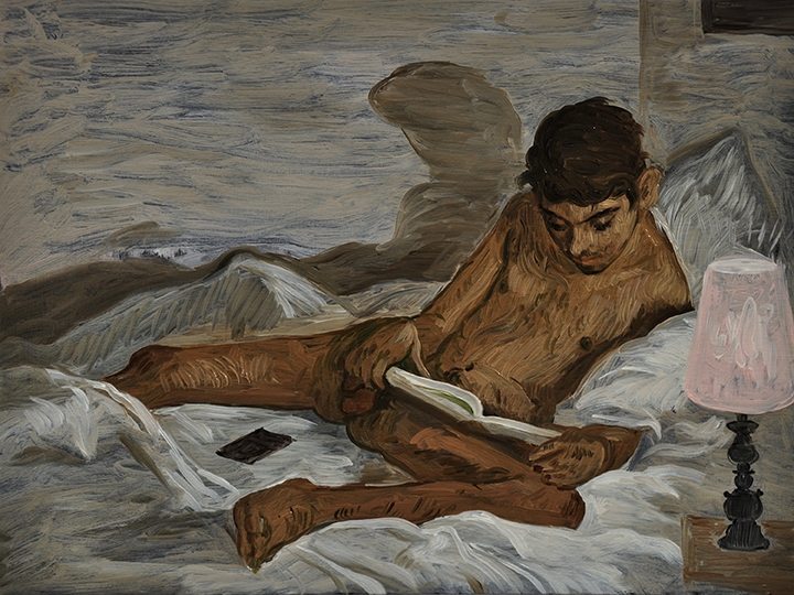 “The Reader” (2018). Salman Toor. Huile sur panneau, 23 x 30 cm.
