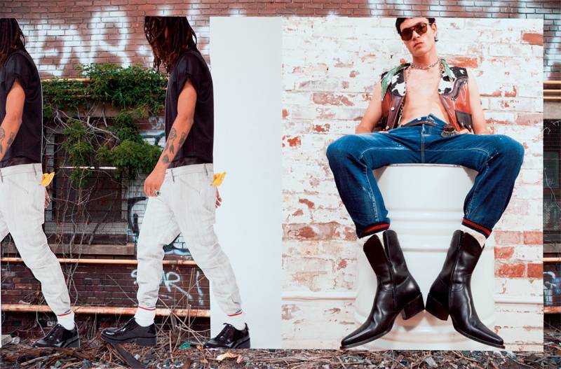 Left: Stretch cotton t-shirt, denim and derbys, Dirk Bikkembergs. Boxer, Tom Ford. Socks, Royalties. Rings and vintage scarf. Right: leather sleeveless jacket, denim, scarf, belt and boots, Dsquared2. Socks, Royalties. Sunglasses, C