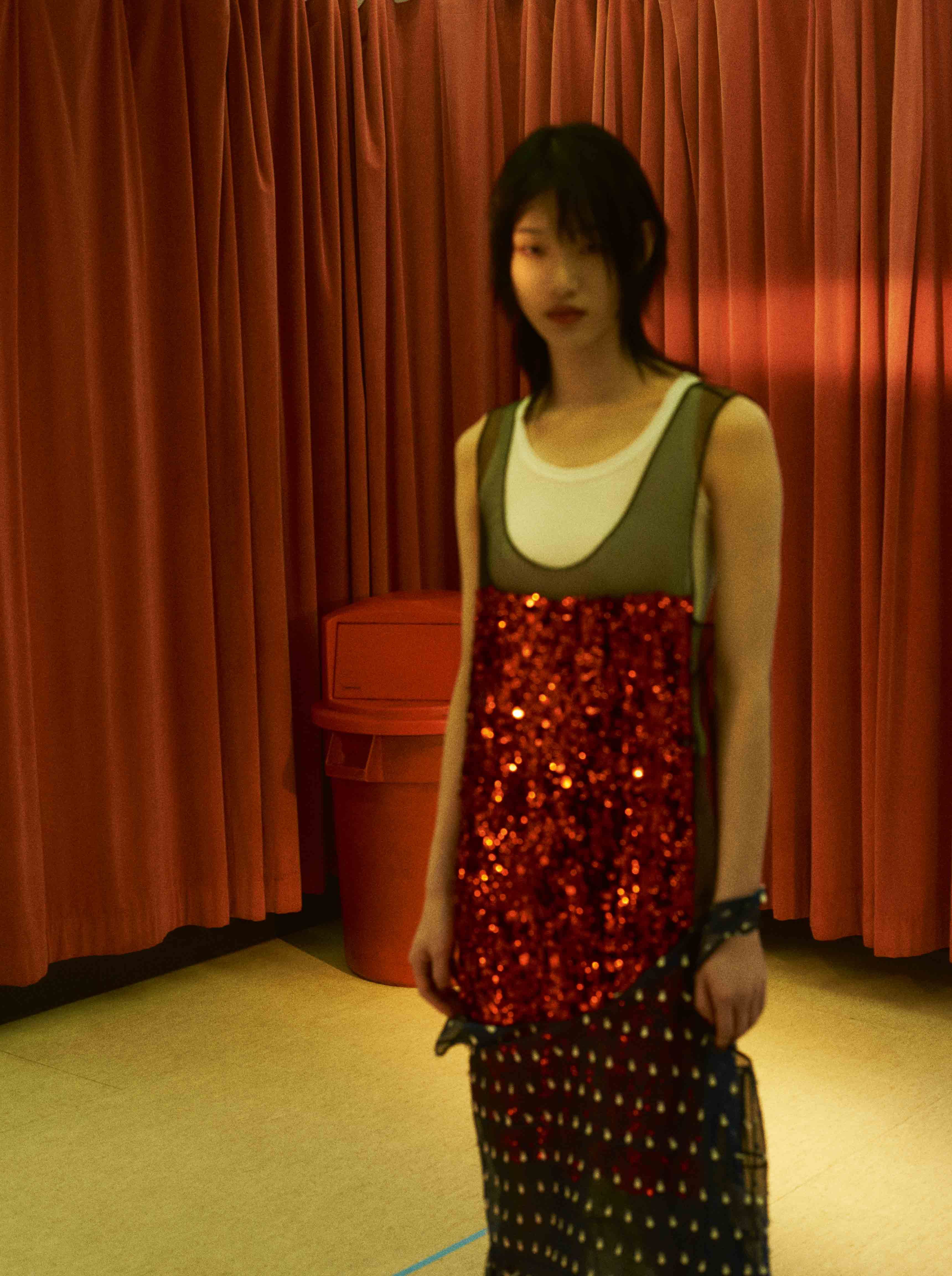 Sequins-embroidered dress, pearls-embroidered organza dress and cotton tank top, MIU MIU.