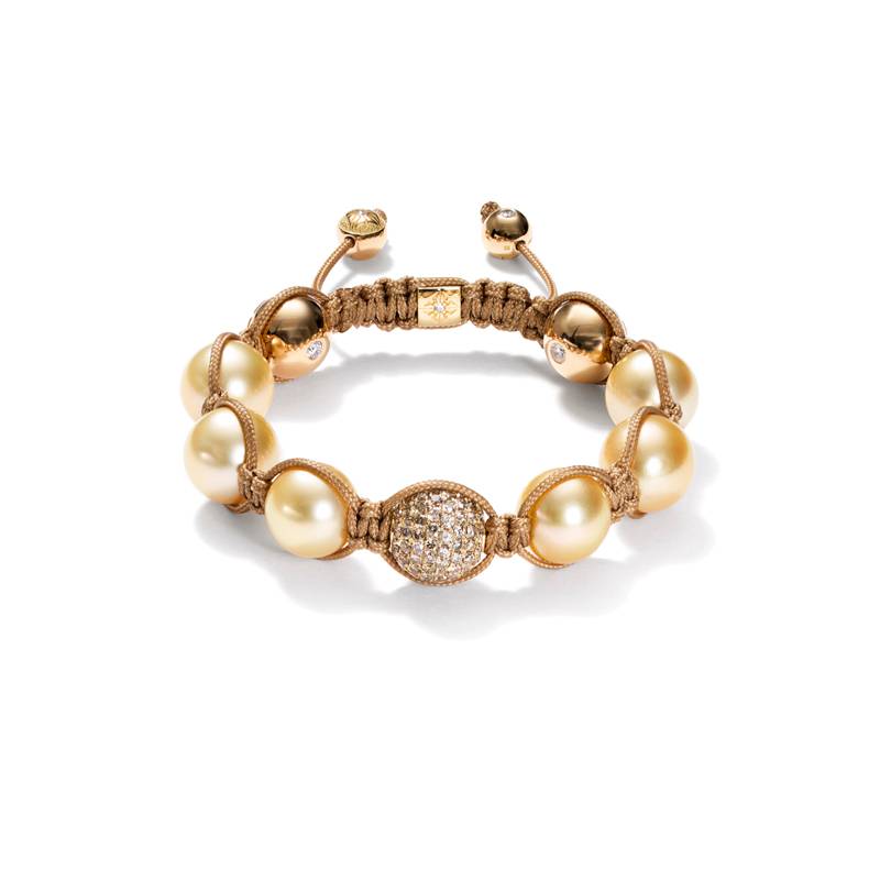 Bracelet pavé de diamants bruns, perles jaunes de la mer du sud et tresses sos, SHAMBALLA.