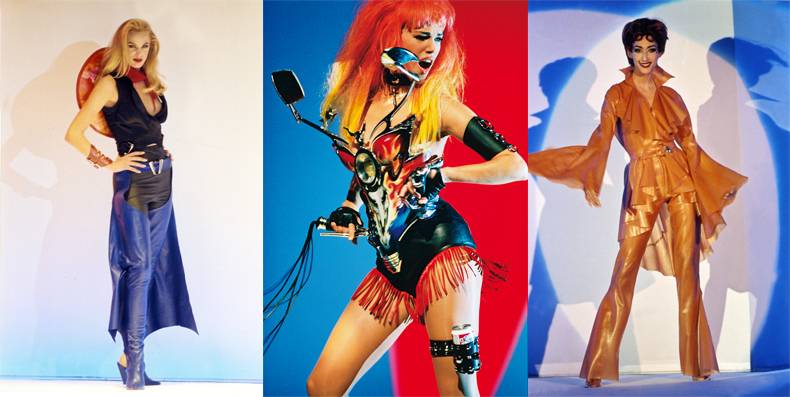 Right and left: Thierry Mugler, Spring-Summer 1992 ready-to-wear collection. Middle: Patrice Stable, Emma Sjöberg while shooting the music video for George Michael’s “Too Funky”, Paris, 1992, directed by George Michael and Thierry Mugler. Outfit: Thierry Mugler, “Les Cow-boys” collection, Spring-Summer 1992 ready-to-wear collection. Photos: © Patrice Stable.