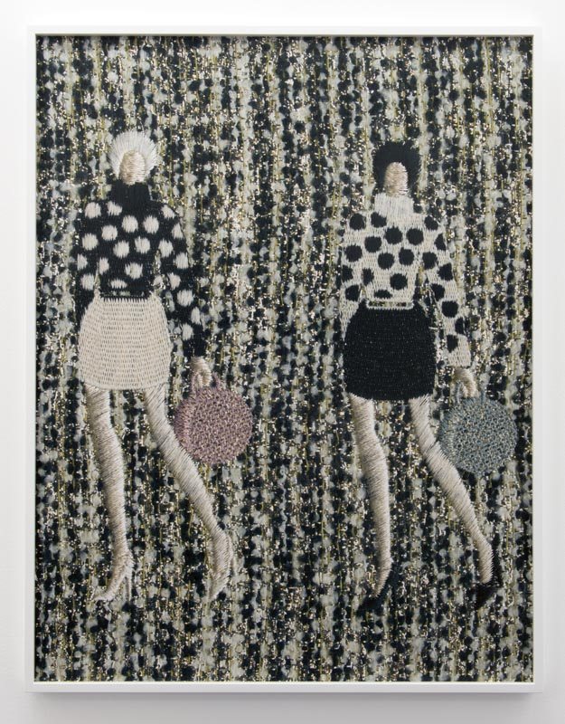Tobias Kaspar, “Two Women in Polka-Dotted Jumpers and Miniskirts (beige, black, golden stripped background),” 2019.