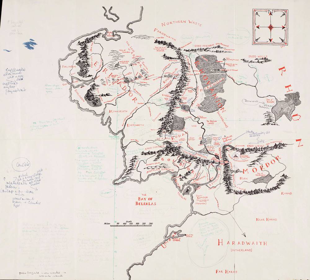 Carte imprimée de La Terre du Milieu, annotée par J. R. R. Tolkien et Pauline Baynes (1969).