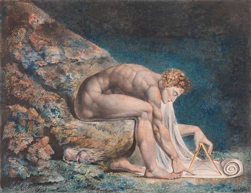 William Blake, “Newton” (1795-c. 1805). Impression colorée, encre et aquarelle sur papier, 460 x 600 mm. Tate
