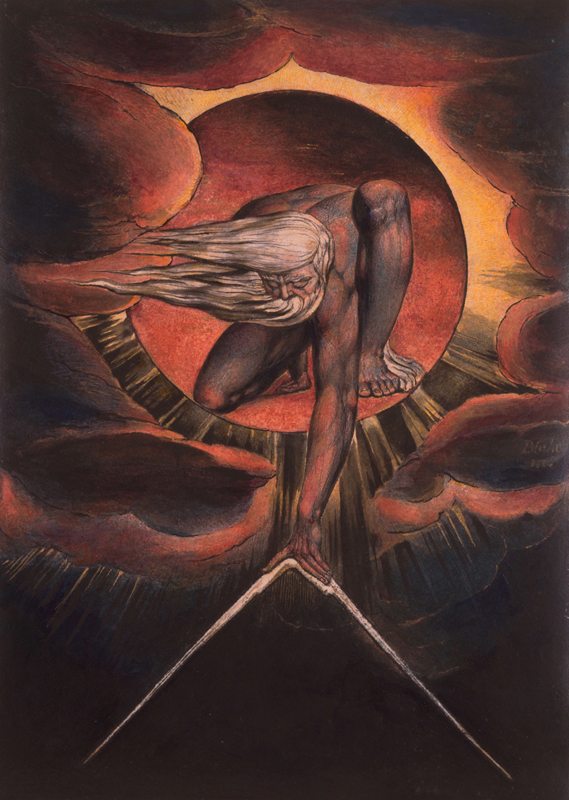 William Blake, “Europe' Plate i: Frontispiece” dans “The Ancient of Days” (1827). Gravure avec encre et aquarelle sur papier, 232 x 120 mm. The Whitworth, The University of Manchester

