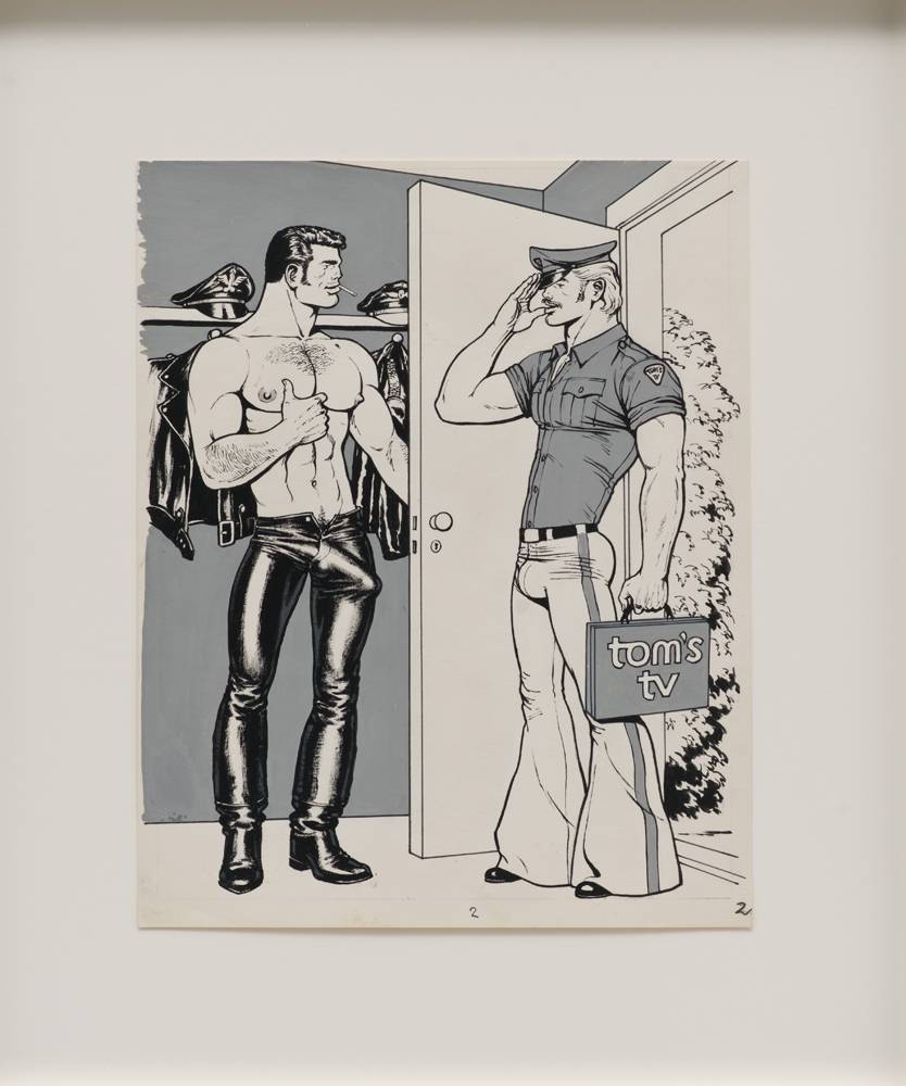 <p>Tom of Finland, <em>T.V. – Repair,</em> crayon, encre, gouache et photo découpée collée sur papier (1972). Courtesy of David Kordansky Gallery, Los Angeles/Photo : Brian Forrest.</p>
