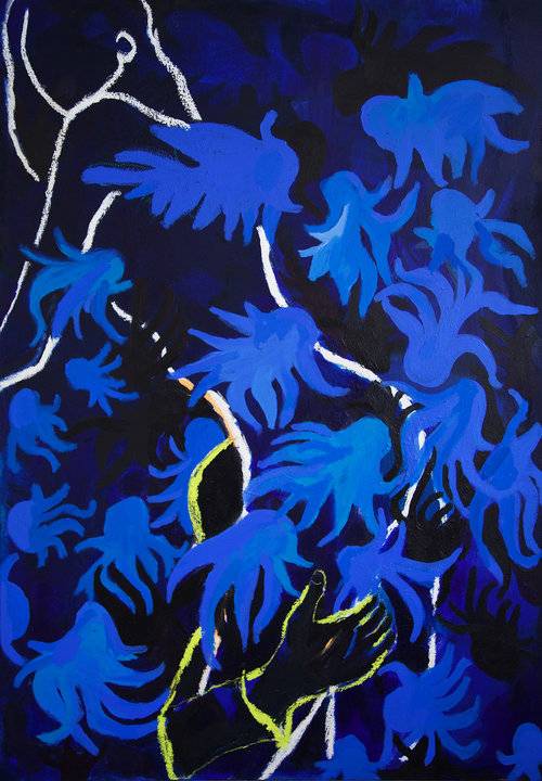 <p>Alice Grenier Nebout, “la danse de la méduse”, fusain, pastel gras et acrylique sur toile, 100x70 cm, collection particulière</p>
