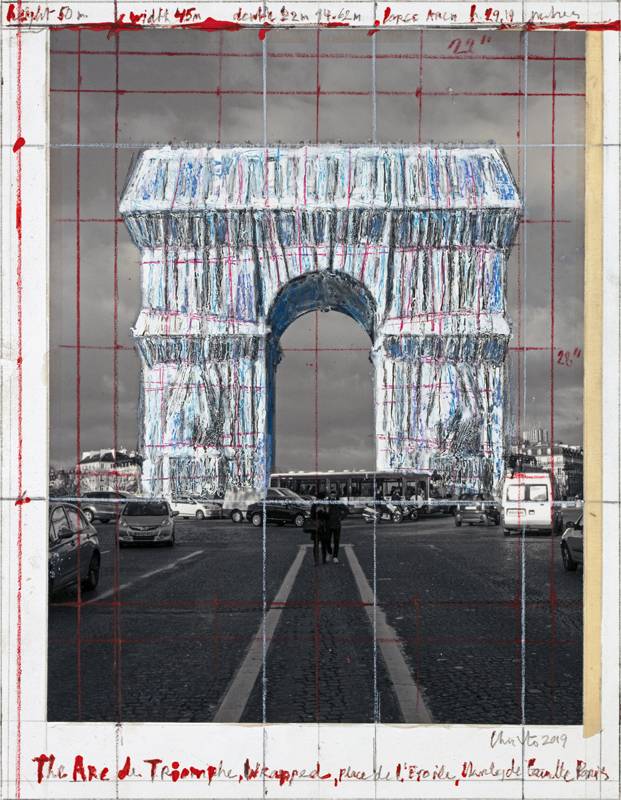 <p>Christo, “The Arc de Triumph (Project for Paris, Place de l'Etoile – Charles de Gaulle) Wrapped”. Collage 2018 in two parts, 30.5 x 77.5 cm and 66.7 x 77.5 cm. Pencil, charcoal, wax crayon, fabric, twine, enamel paint, photograph by Wolfgang Volz, hand-drawn map and tape. Photo: André Grossmann© 2018 Christo</p>
