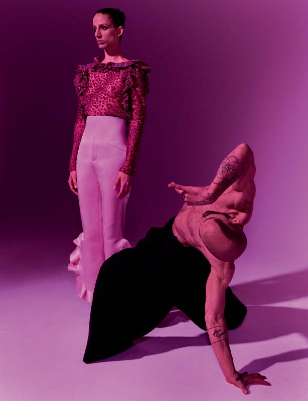 <p>Tulle shirt with sequined flounces and ruffles, and duchess satin ruffle high-waisted trousers, REDEMPTION COUTURE.</p>
